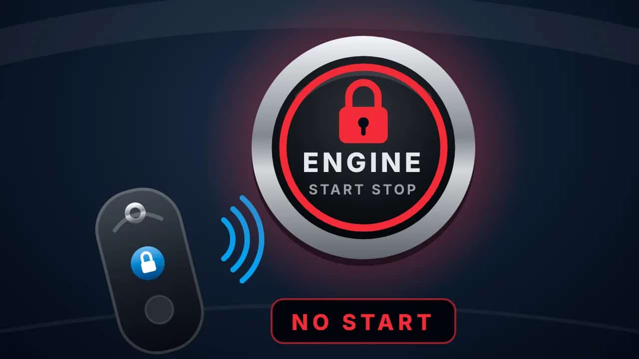 Drawing of a push-start button locked by a hidden kill switch