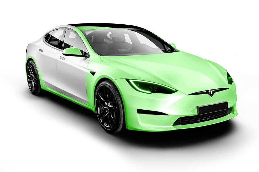 Tesla render with the High Impact paint protection film coverage highlighted