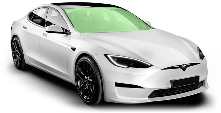 Tesla render with the windshield protection film highlighted in green