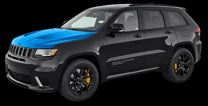 Black Jeep Grand Cherokee with only the hood wrapped in blue