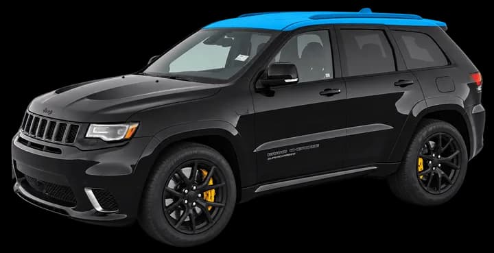 Black Jeep Grand Cherokee with only the roof wrapped in blue