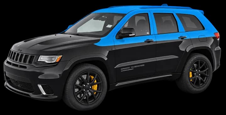 Black Jeep Grand Cherokee with a blue tuxedo wrap on the roof and pillars