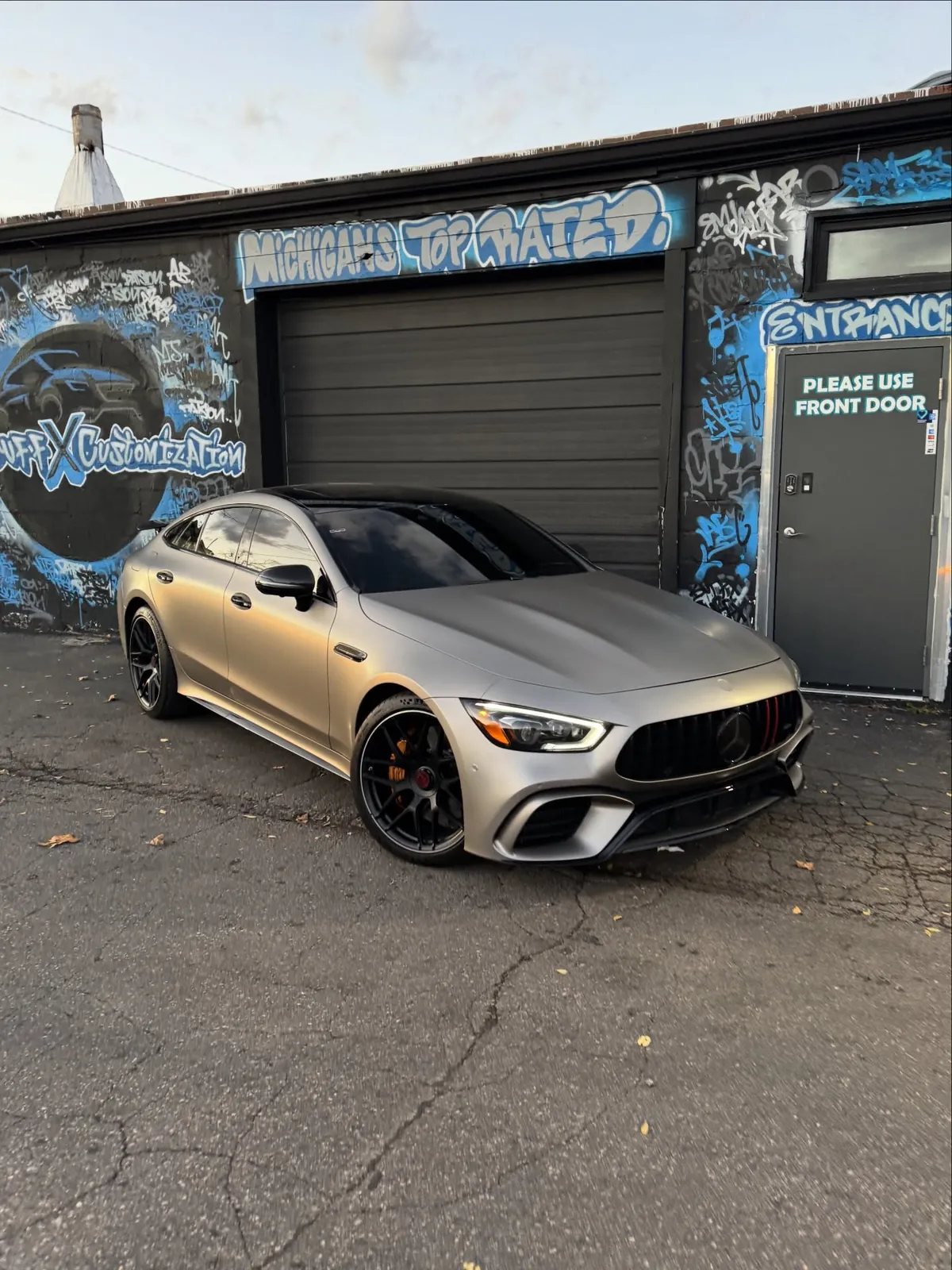 Mercedes-AMG GT 4-door wrapped in satin gray at Buff X Customization in Dearborn Heights